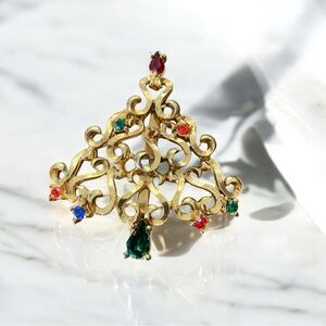 Vintage Multicolor Filigree Brooch – Goldtone Statement Pin